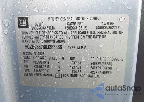 2008 Saturn Outlook Xr from USA, damaged, VIN 5GZEV33788J283866